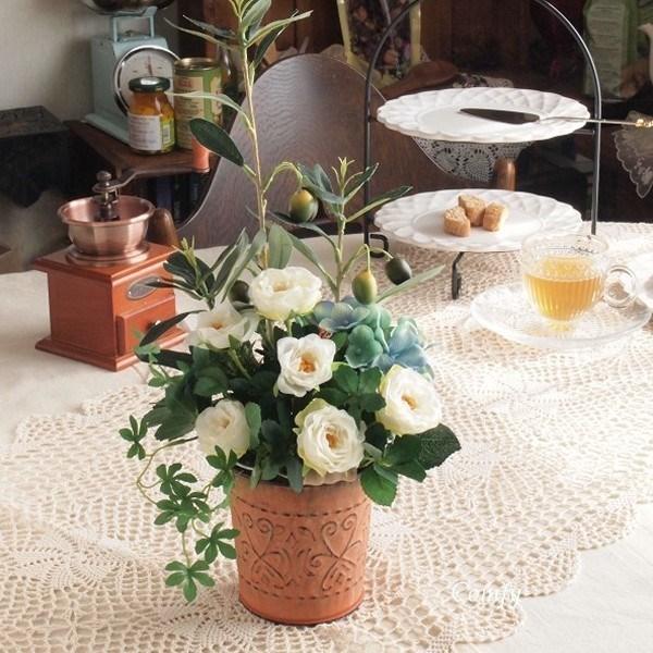 セール！60％OFF！ アーティフィシャルフラワー アレンジメント オリーブ ローズ ミックス 造花...