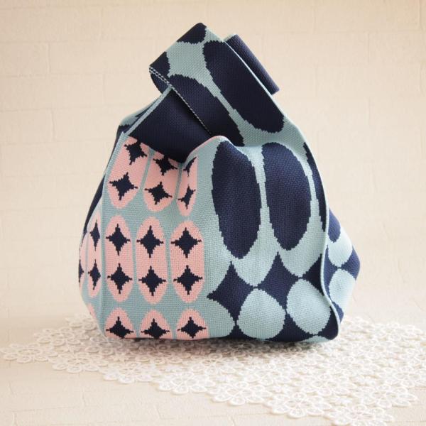 セール！20％OFF！！おしゃれ 軽量 ニットバッグ サブバッグ 買い物袋 ブルー＆ネイビー