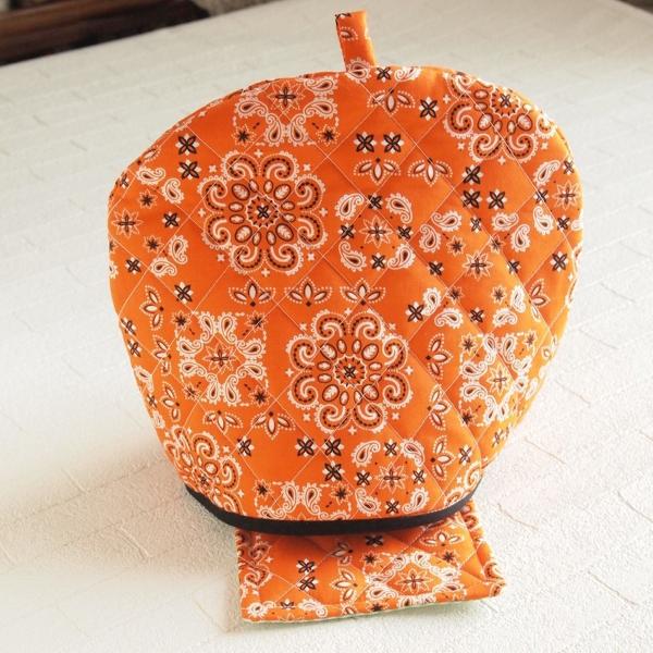 ティーコジー ポットカバー＆マット バンダナ オレンジ ハンドメイド雑貨