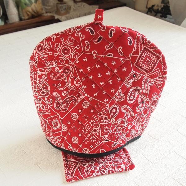 ティーコジー ポットカバー＆マット バンダナ　ディープレッド ハンドメイド雑貨