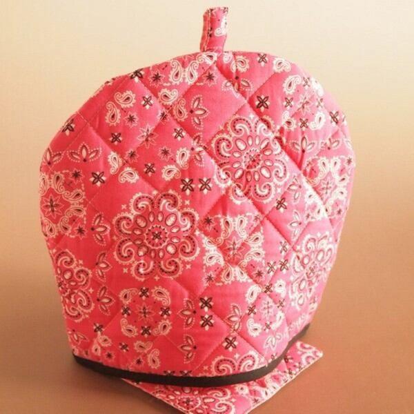 ティーコジー ポットカバー＆マット バンダナ　ピンク ハンドメイド雑貨