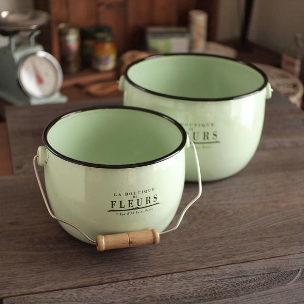 フルール ホーロー エメラルド ラウンド バケツ 2点セット　アンティーク調