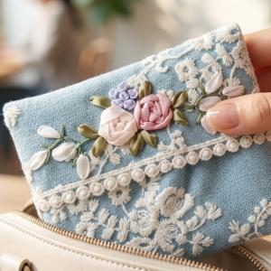 ポケットティッシュケースA8くすみブルー刺繍レース レース ポケットティッシュカバー ティッシュケース ナチュラル