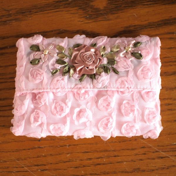 おしゃれなリボン刺繍 ポケットティッシュカバー ミニローズ　ピンク