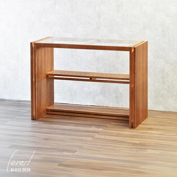 デスク 強化ガラス天板 幅100cm 天然木 棚付き FOREST ブラウン パソコンデスク PCデ...