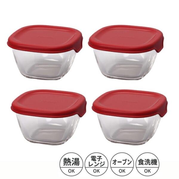 耐熱ミニ角小鉢4個セット レッド 耐熱ガラス 保存容器 器 食洗機可 電子レンジ可 おしゃれ セット...
