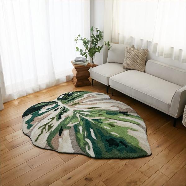 リビングラグ モンステラ 160x190cm グリーン 洗える 洗濯機対応 すべり止め ホットカーペ...
