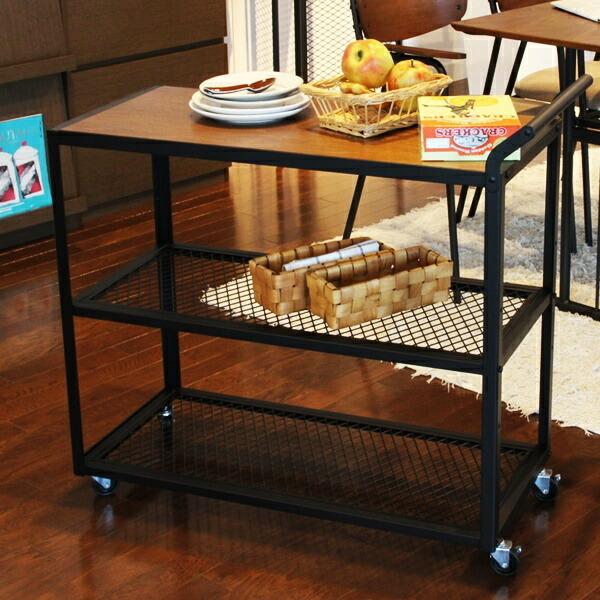 キッチンワゴン カートワゴン 3段 収納ボックス 天板付 キャスター付 取手付 木製 ウォールナット...