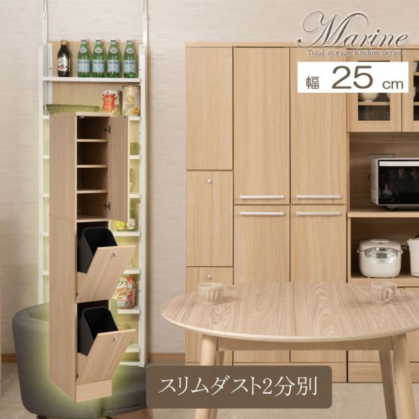 2分別ダストボックス 14L 幅25cm 高さ180cm ナチュラル キッチン収納 スリム 省スペー...