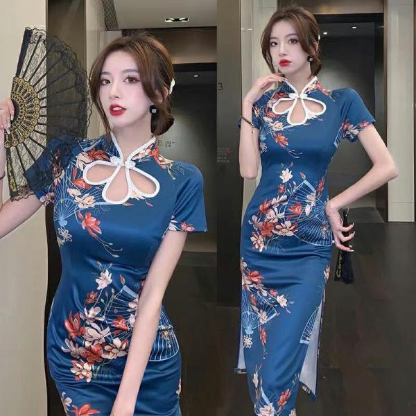 紺色 ロング丈 ストレッチ チャイナドレス コスプレ衣装 女性 チャイナ服 セクシー コスチューム ...