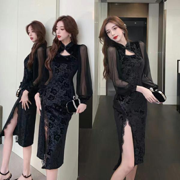 黒色 長袖 ロング丈 ストレッチ チャイナドレス パーティードレス コスプレ衣装 女性 チャイナ服 ...