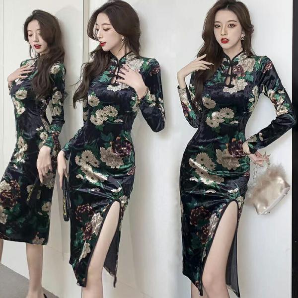 金色花柄 長袖 ロング丈 ストレッチ パーティードレス【3242】