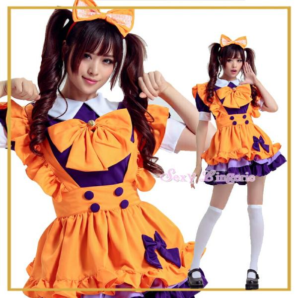 オレンジ色 メイド服 アリス コスプレ衣装 ハロウィーン エロ 過激 大人 女性 レディース セクシ...