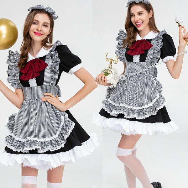 チェック柄エプロン メイド服 コスプレ衣装 エロ 過激 大人 女性 レディース セクシー【5414】