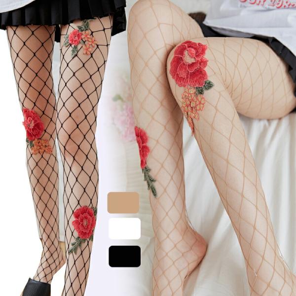 花柄デザイン編みタイツ 大網柄 ネットタイツ【2031】