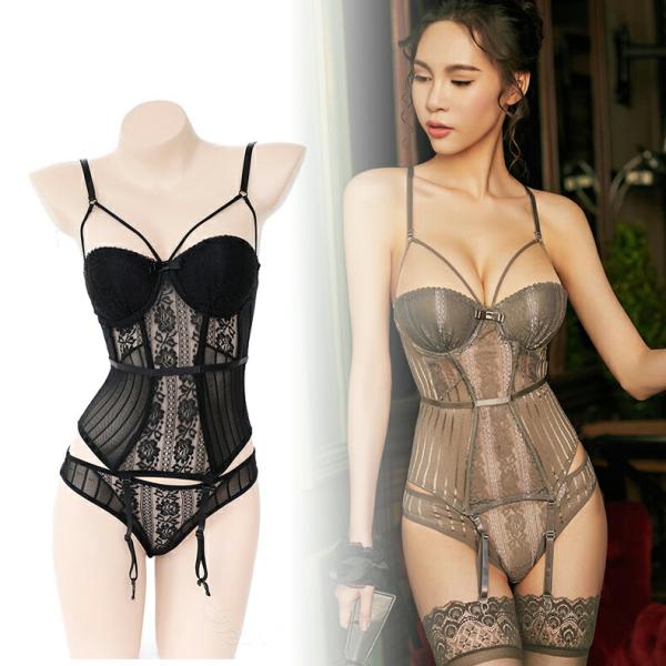 ストッキング付き ガーターベルト付きビスチェとショーツ セクシーランジェリー 透け透け 大人 下着 ...