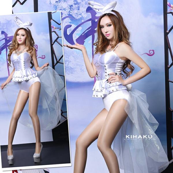 白 ロング丈チュール バニーガール服 ミニスカ コスプレ衣装 ハロウィン エロ 過激 大人 女性 レ...