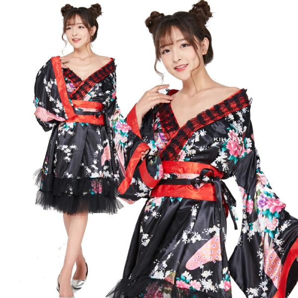 孔雀柄 黒 ワンピース 着物ドレス コスプレ衣装 過激 大人 女性 レディース セクシー 【4097...