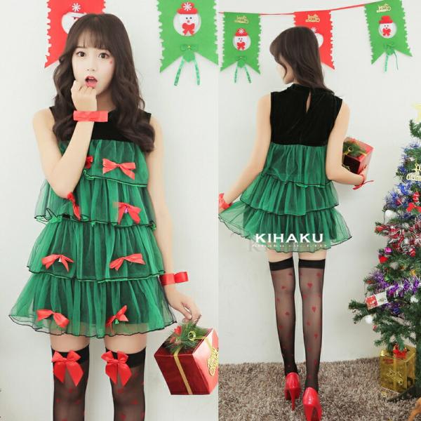 緑 ツリー 赤リボン サンタコスチューム クリスマス コスプレ衣装 女性 セクシー コスチューム 仮...