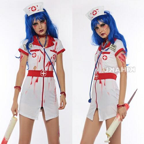 血まみれ 血糊セット付き ナース服 ゾンビ ホラー系 コスプレ衣装 ハロウィン 過激 大人 女性 レ...