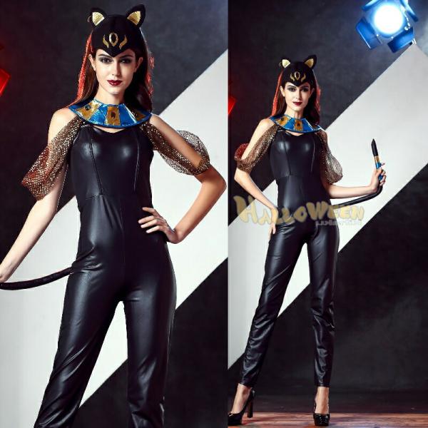 尻尾付き ブラックキャットスーツ コスプレ ハロウィン衣装 過激 大人 女性 レディース エロい服 ...