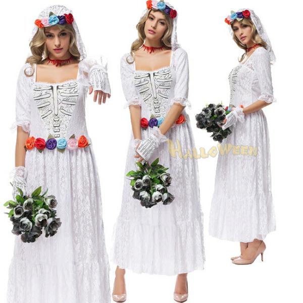 白 ロング丈 ゴースト花嫁ドレス ゾンビ ホラー系 コスプレ ハロウィン衣装 過激 大人 女性 レデ...