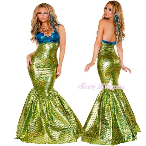 ブルー 人魚姫 ロング丈ドレス コスプレ ハロウィン衣装 過激 大人 女性 レディース エロい服 コ...