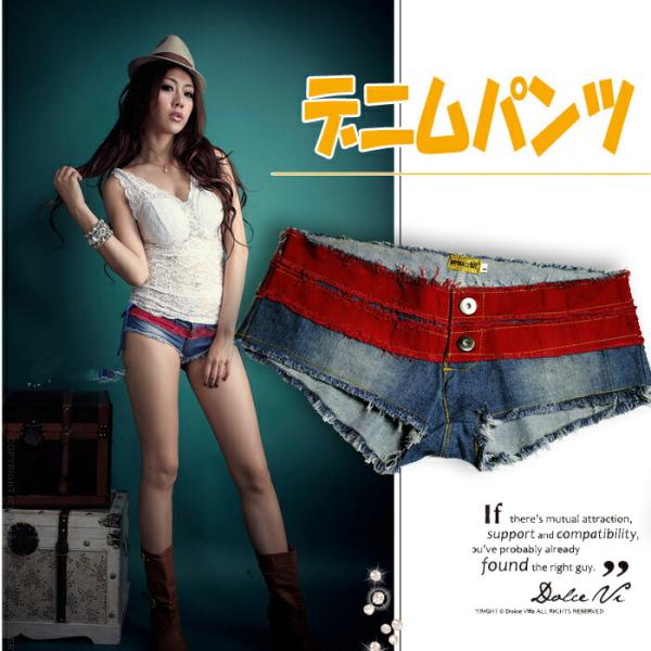 赤×紺 デニムショートパンツ ハーフ 短パン スーパー極浅 ショーパン かわいい おしゃれ 美脚 女...