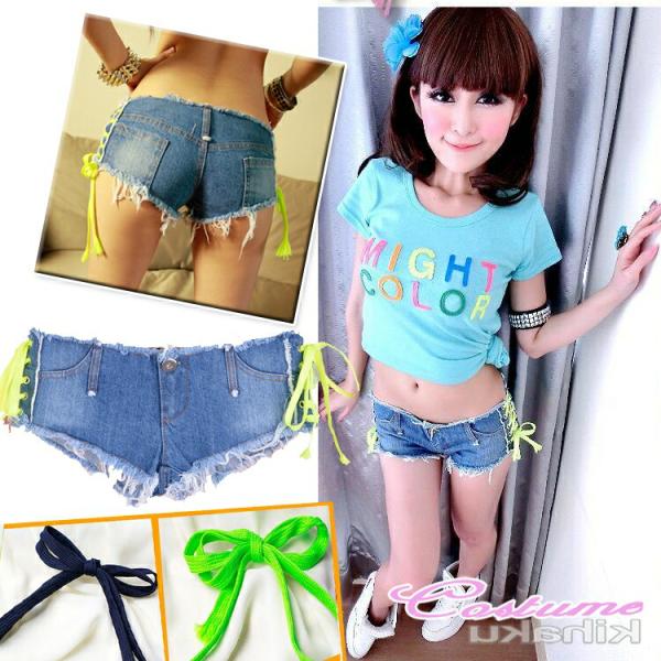 サイド編み上げ デニムショートパンツ ハーフ 短パン スーパー極浅 ショーパン かわいい おしゃれ ...