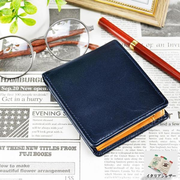 イタリアンレザー 二つ折り財布 札入れ中マチ付 牛革 メンズ 小銭入れ レザー 本革 薄い 二つ折り...