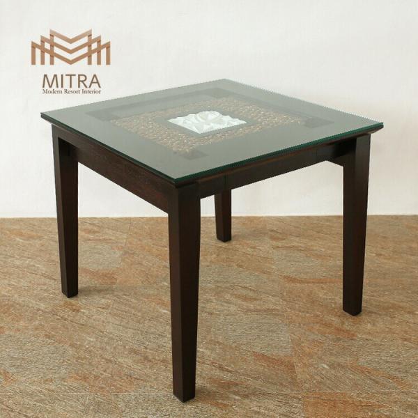 ウォーターヒヤシンス ダイニングテーブル アジアン家具 ガラス天板 幅80cm 彫刻レリーフ