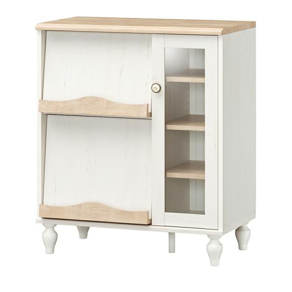 フラップガラスキャビネット 幅75cm フレンチシャビーカフェ フラップ扉 本棚 ラック 木製 書棚...