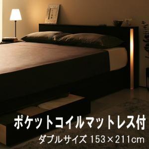 フットライト付き 棚付き 収納ベッド ダブル Urban アーバン ポケットコイルマットレス付き 収納機能付きベッド 引出し付 マットレスセット  040103036｜commitand