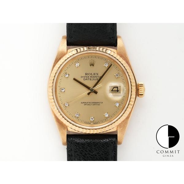ロレックス デイトジャスト Ref.16018 イエローゴールド シャンパンx10Pダイヤ文字盤 革...