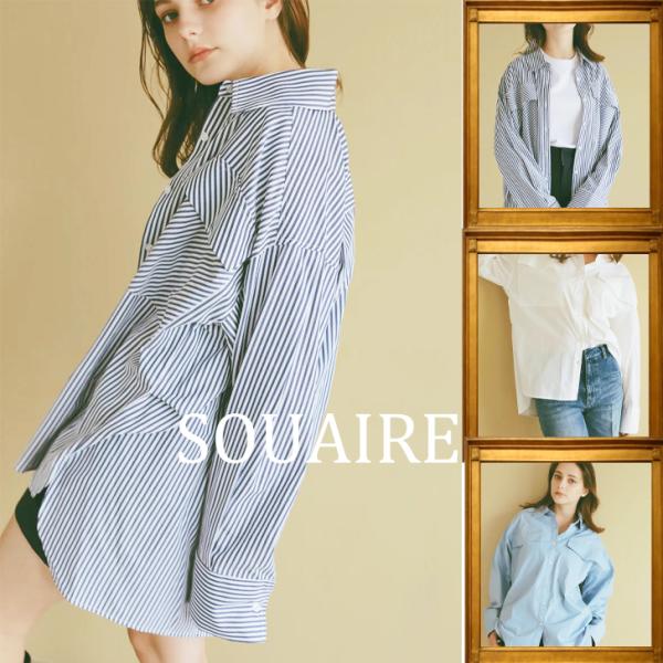 SOUAIRE フラップポケットルーズシャツ　レディース　ストライプ　ホワイト　ブルー　チュニック　...
