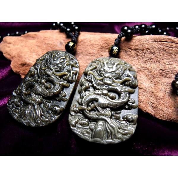厄除け 激安 縦52ミリ 手彫り龍ネックレス 龍彫りゴールデンシャインオブシディアン ネックレス 6...
