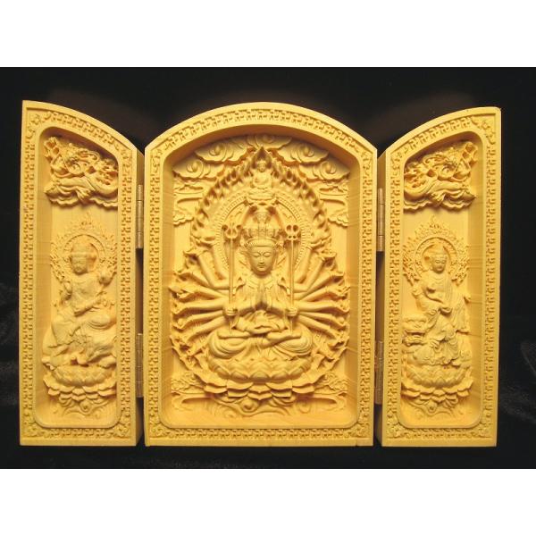 扉型 観音開き 千手観音 高さ約100-105mm 極上繊細彫り 木彫り千手観音像 置物 文殊菩薩 ...