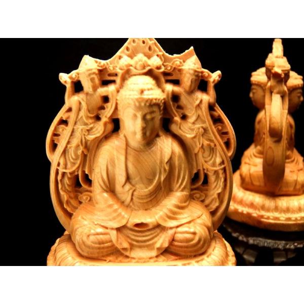 両面彫り 阿弥陀如来&amp;菩薩 木彫り置物 高さ約85mm 木彫り 天然木観音彫刻シリーズ 卍 風水やイ...