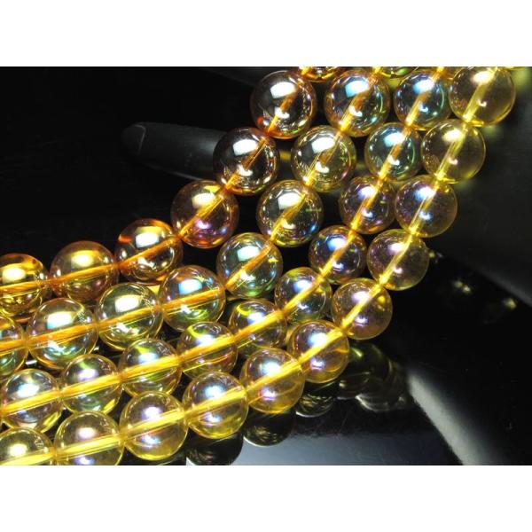 激安宣言 約8mm珠 ゴールデンオーラ 一連 約37cm-40cm 天然石丸玉ビーズ 蒸着水晶 ブラ...