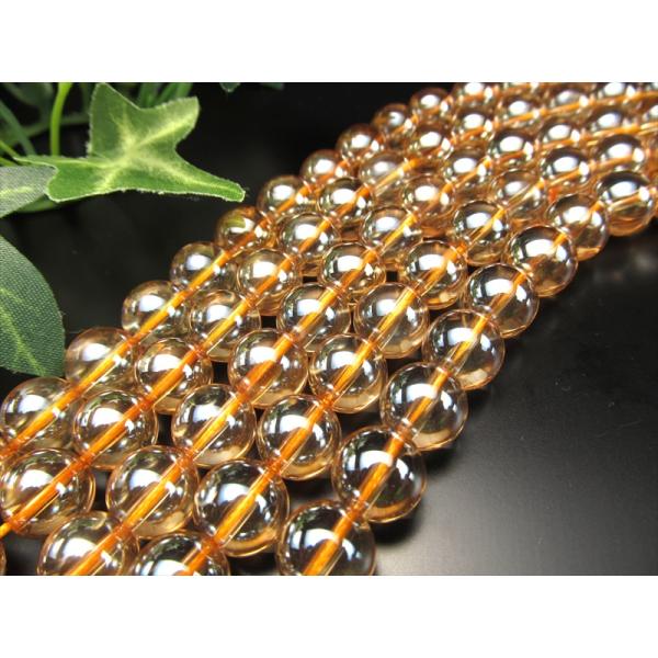 激安宣言 約10mm珠 ゴールデンオーラ 一連 約37cm-40cm 天然石丸玉ビーズ 蒸着水晶 ブ...