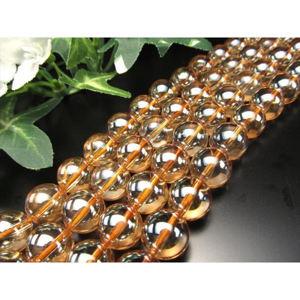 激安宣言 約12mm珠 ゴールデンオーラ 一連 約37cm-40cm 天然石丸玉ビーズ 蒸着水晶 ブ...