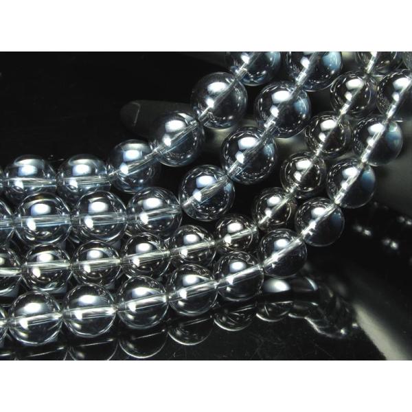 激安宣言 約10mm珠 シルバーオーラ 一連 約37-39cm 天然石 丸玉 ビーズ 蒸着水晶 ブラ...