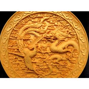 竜生九子 龍彫り 台付き お皿型置物 直径約142mm 5A極上彫り 木彫り