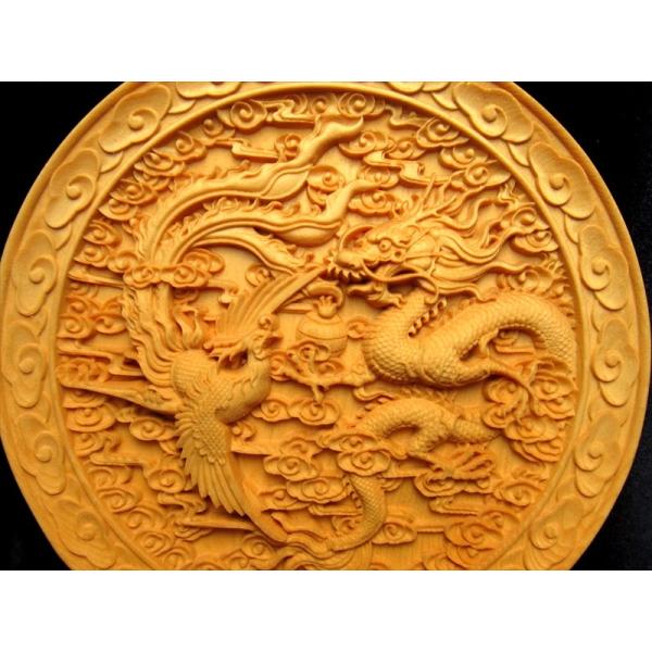 5A お皿型龍神&amp;鳳凰彫り 直径約145mm 台付き 極上木彫り 龍神&amp;鳳凰 風水やインテリアに o...