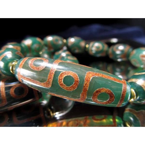 人気 天珠アクセサリー 緑龍紋天珠 ブレスレット 幅約12-14mm前後 九眼天珠＆虎牙三眼天珠 タ...