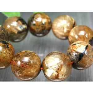 迫力の大珠力強い 雷神ルチル 4A 雷神ゴールドタイチンルチルクォーツ ブレスレット 14mm-14.5mm×16珠 ギラギラゴールド 金運の代表石 母岩ヘマタイト入り