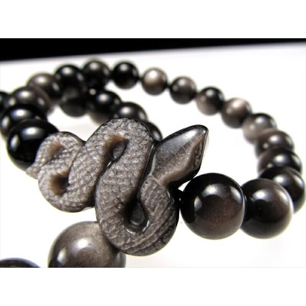 シルバーオブシディアン 蛇モチーフ ブレスレット 珠サイズ12mm×15珠前後 蛇モチーフサイズ約2...