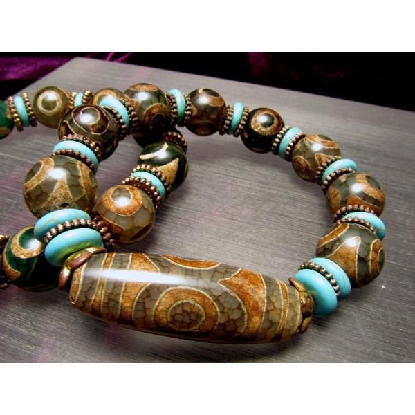 人気の天珠商品 激安 緑龍紋天珠ブレスレット 三眼天珠タイプ メイン天珠長さ約39mm パワーストー...