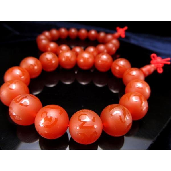 フロスト カーネリアン梵字彫り念珠ブレスレット 主玉14mm×14珠前後 親玉14mm 厄除け 良運...