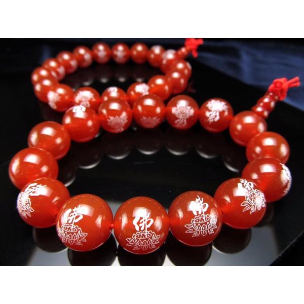 カーネリアン蓮画・佛字彫り念珠ブレスレット 主玉14mm×14珠前後 親玉14mm 仏の智慧・慈悲の...